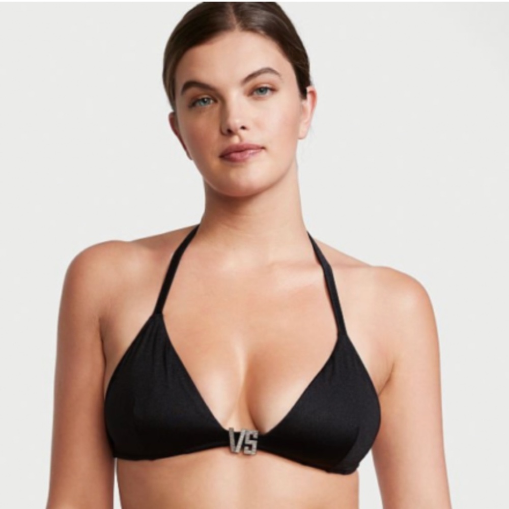 NWT VICTORIA'S SECRET VS Shine Hardware Halter Bikini Top Black